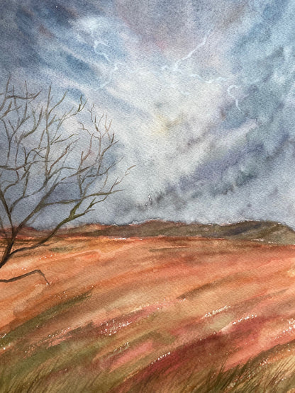 Thunderstorm In the Field Original Watercolor Painting